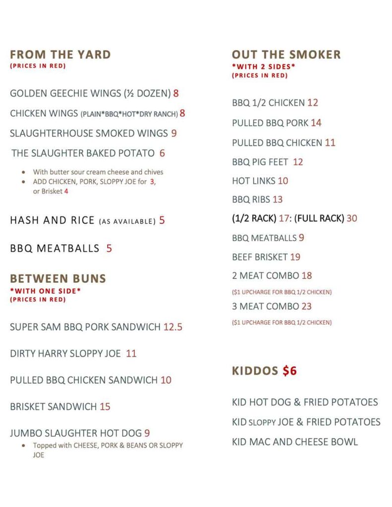 Slaughterhouse BBQ & Brew Menu 1