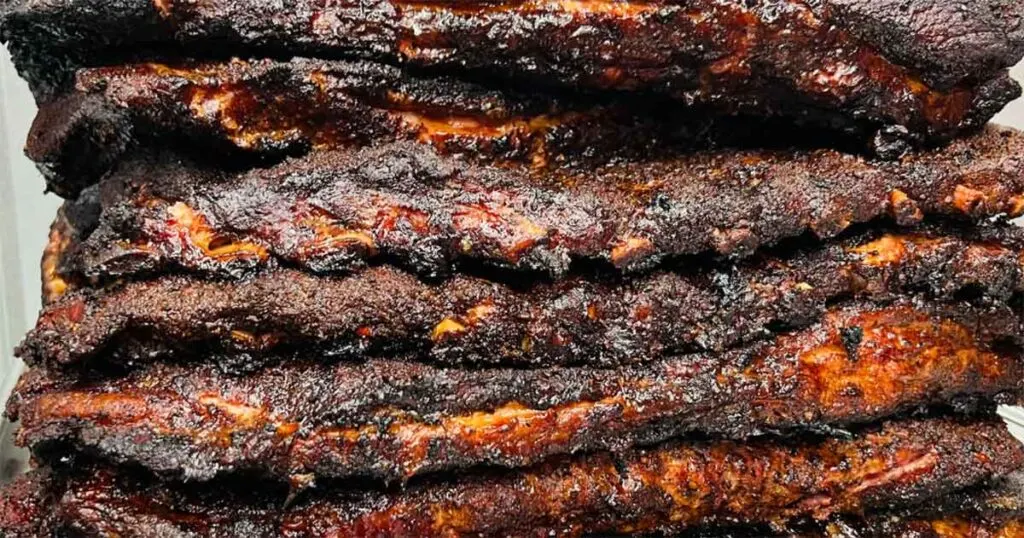 Stack of barbecued pork ribs.