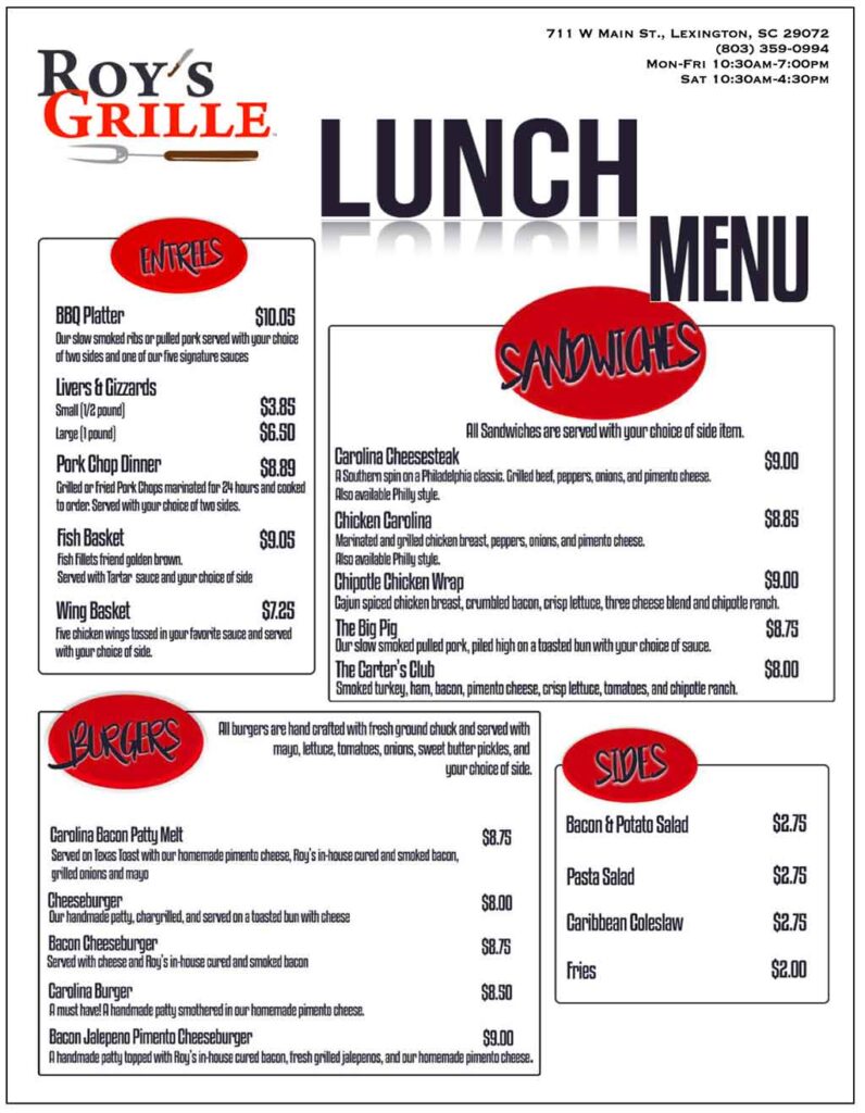 Roy's Grille Lunch and Dinner menu