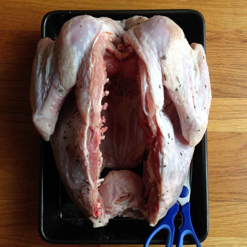 Spatchcocked turkey with backbone removed.