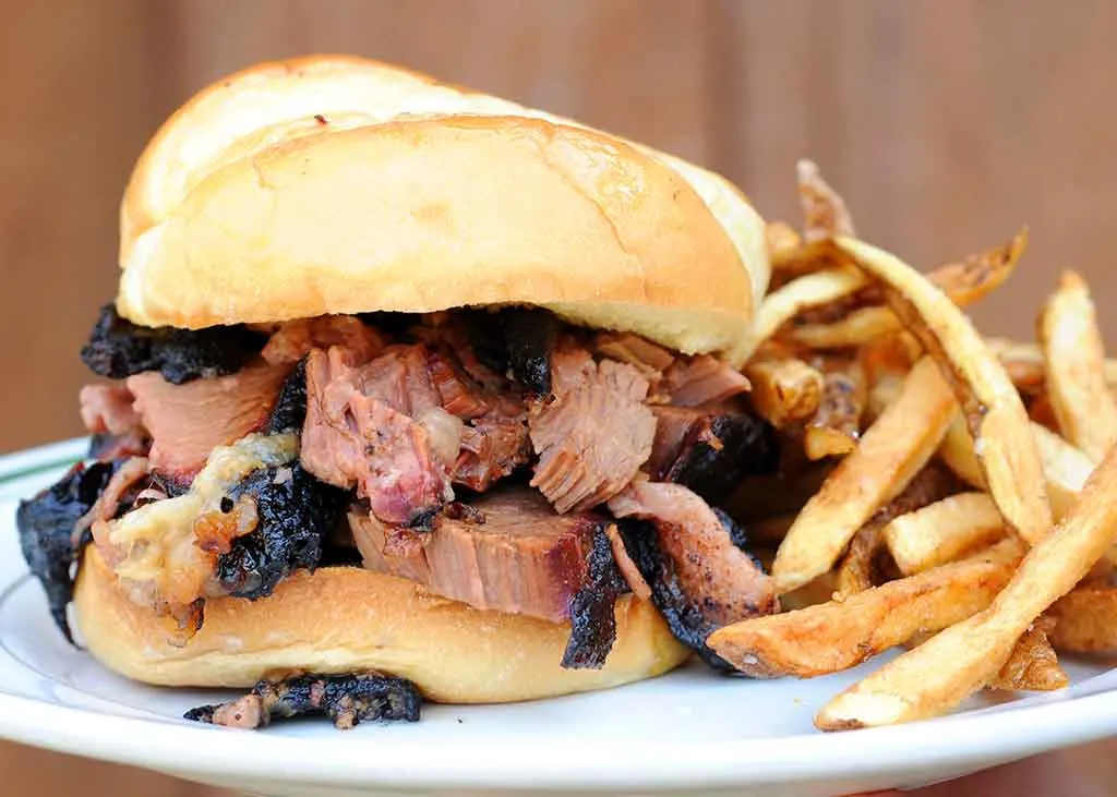 Brisket sandwich with fries on a plate