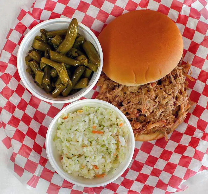 Pulled pork sandwich, green beans and slaw from Carolina Barbecue