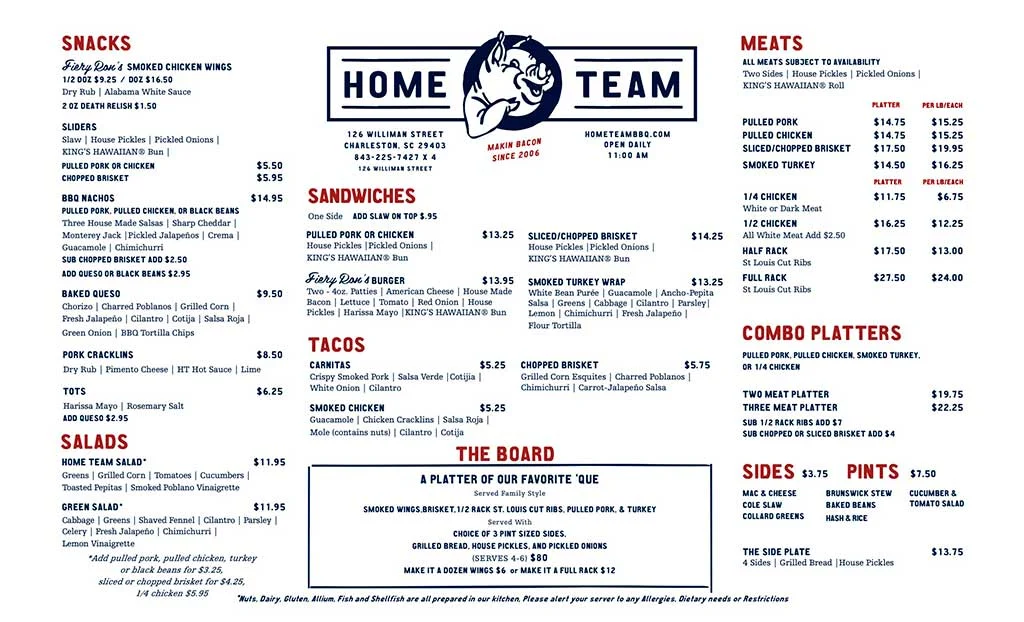 Home Team BBQ Lunch and Dinner Menu for Downtown Charleston