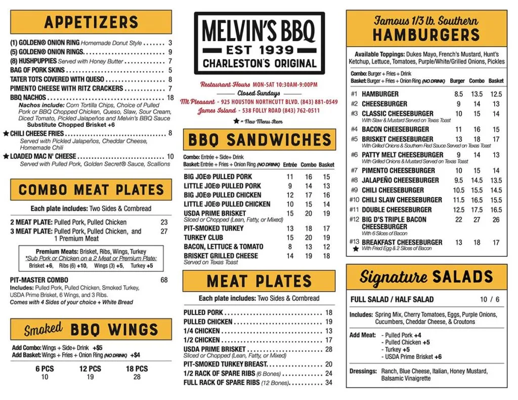 Menu for Melvin's BBQ (front)