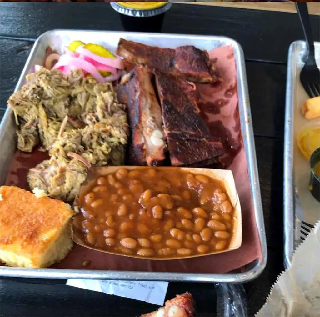 Two meat plate with cornbread and baked beans from Melvin’s Bar-B-Que.