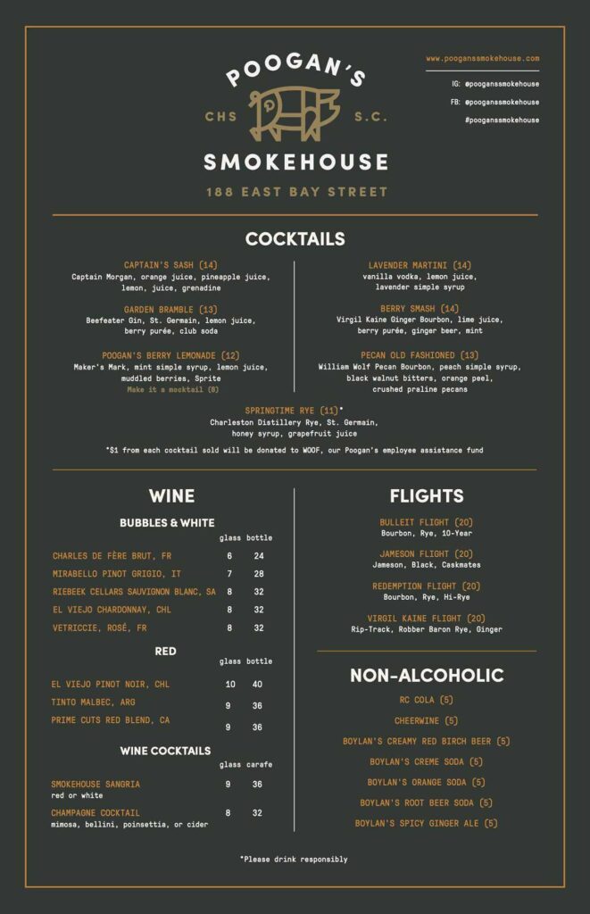 Drinks menu for Poogan's.