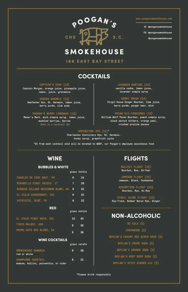 Drinks menu for Poogan's.