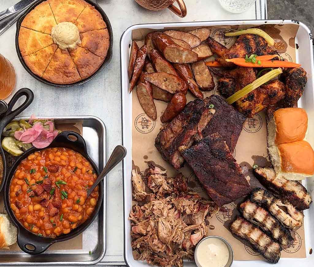 Various smoked meats and sides from Poogan's Smokehouse