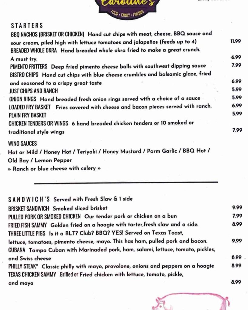 Sweet Caroline's Menu - Front