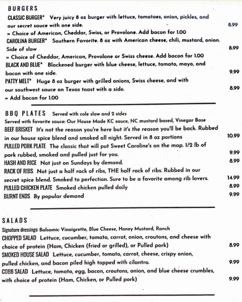 Sweet Caroline's Menu Back