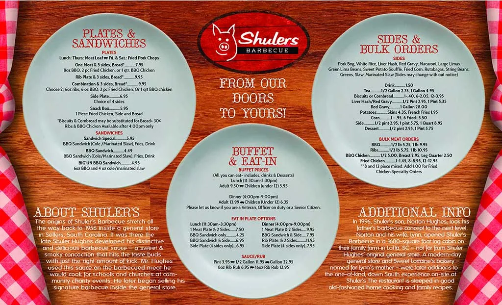 Menu for Shuler's Barbecue in Latta.