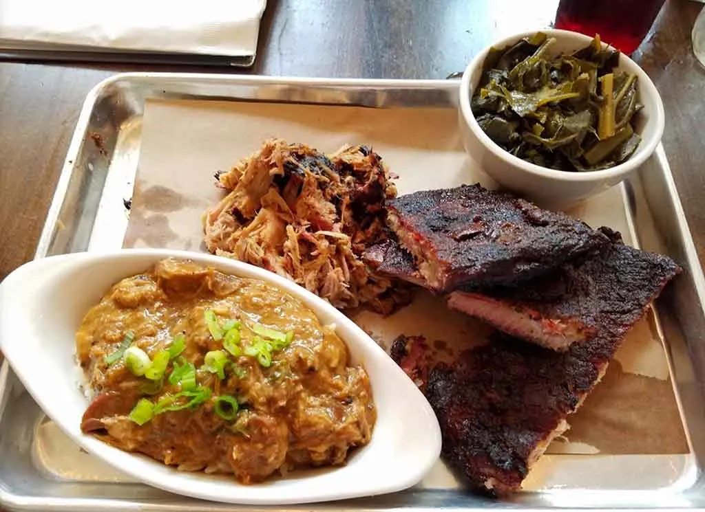 Pulled pork, ribs, collards, and hash from Poogan's Smokehouse.