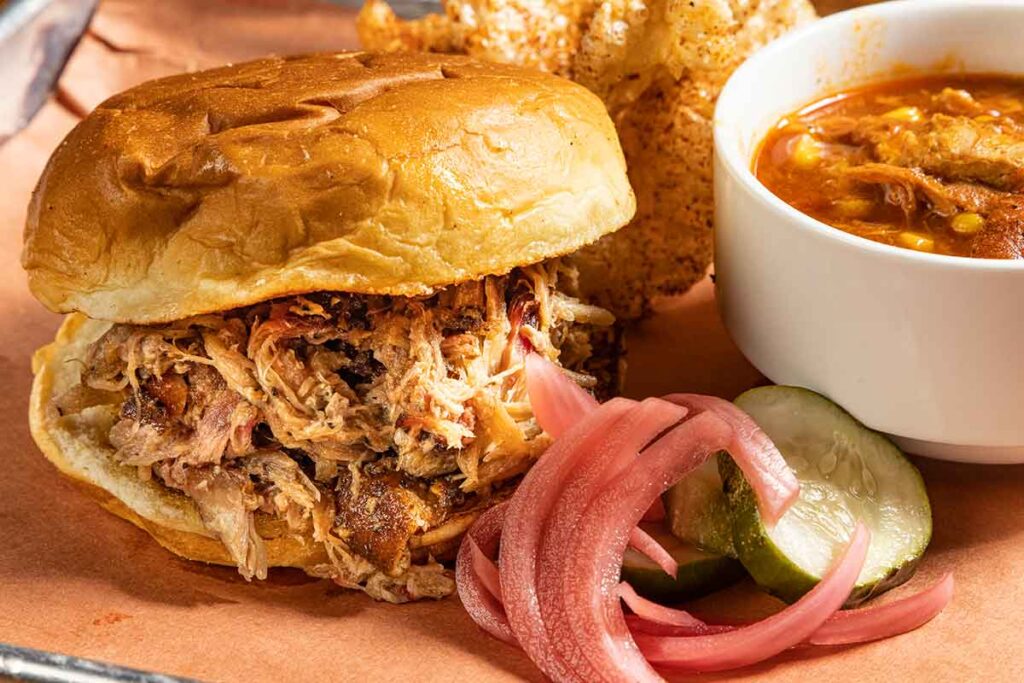 Pulled pork sandwich with Brunswick Stew