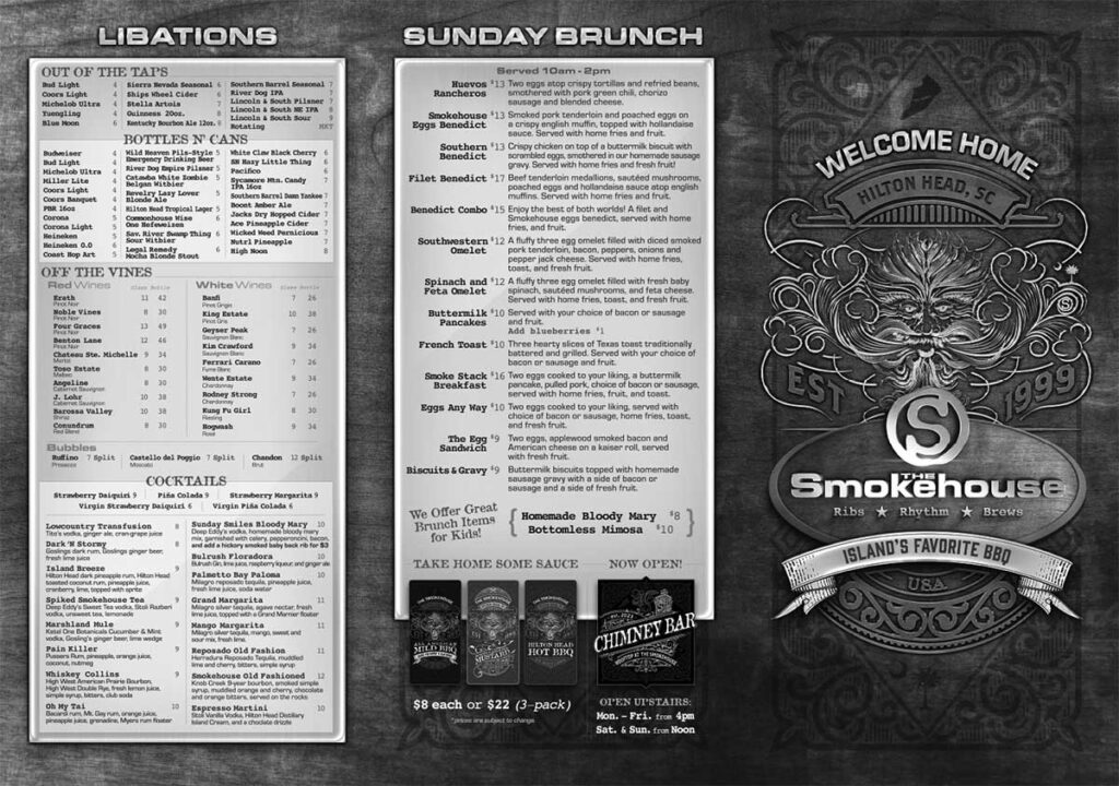 Menu for The Smokehouse on Hilton Head (front)