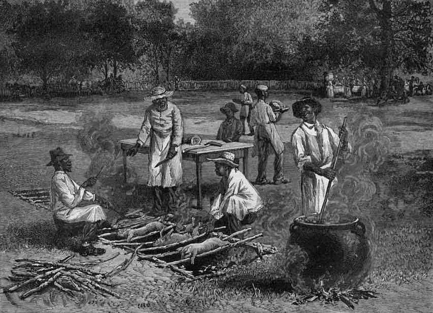 A Southern Barbecue, a wood engraving from a sketch by Horace Bradley, published in Harper’s Weekly, July 1887.