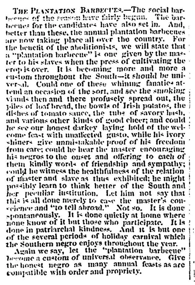 The Plantation Barbecues, newspaper article from the Charleston Mercury