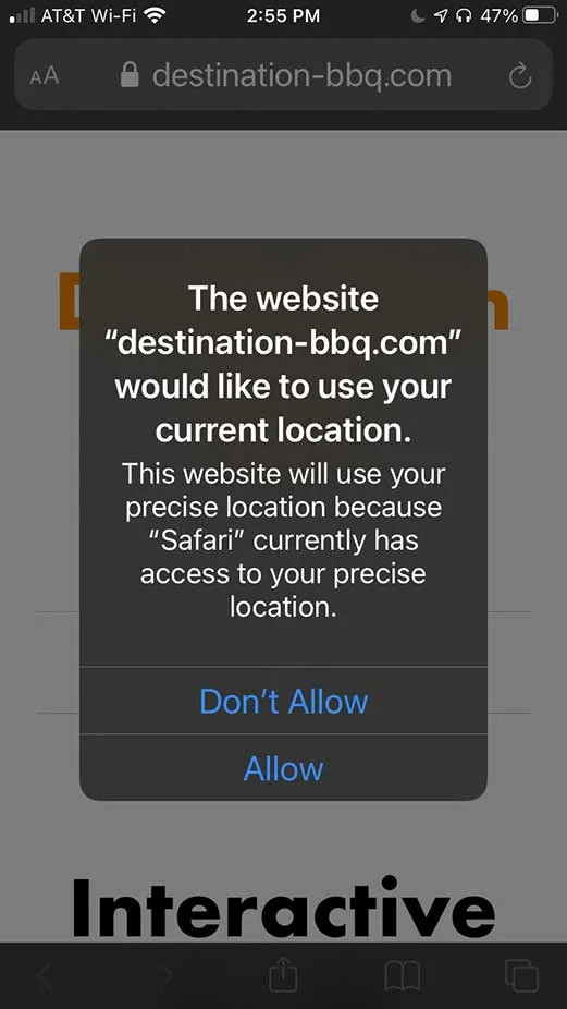 SC BBQ Trail Map Permission Dialogue Box on iPhone