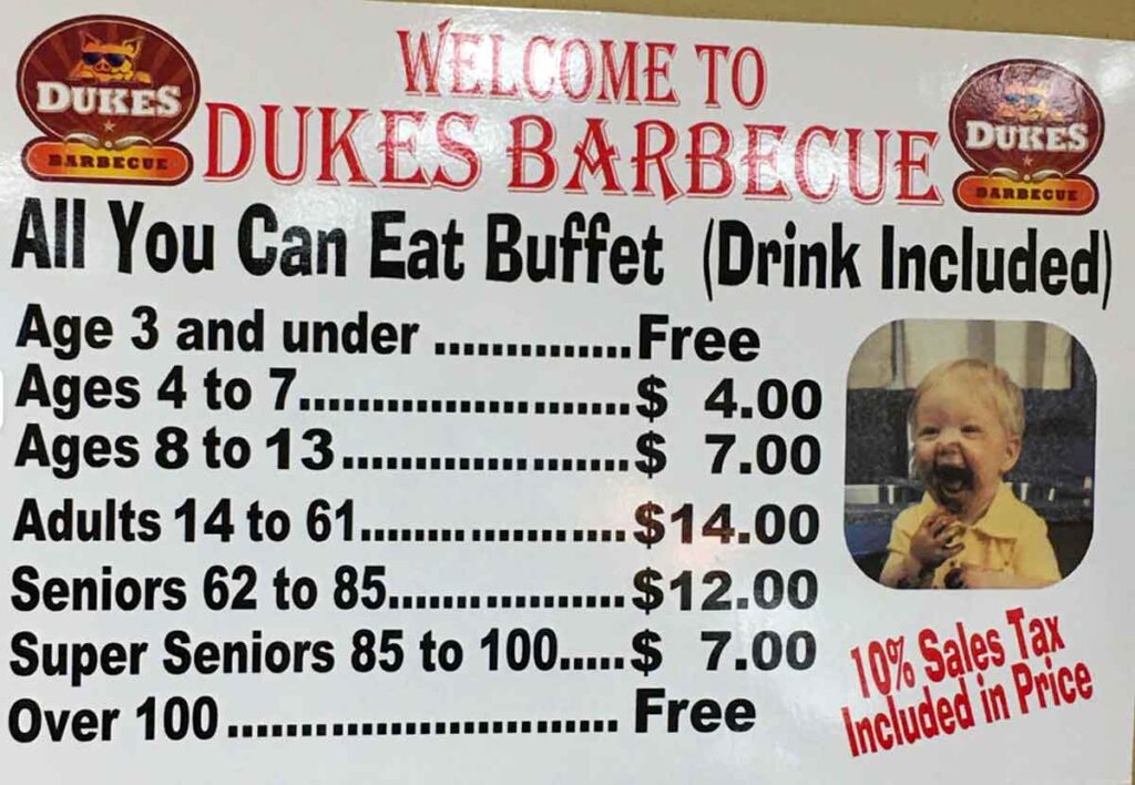 Buffet prices for Dukes in Walterboro