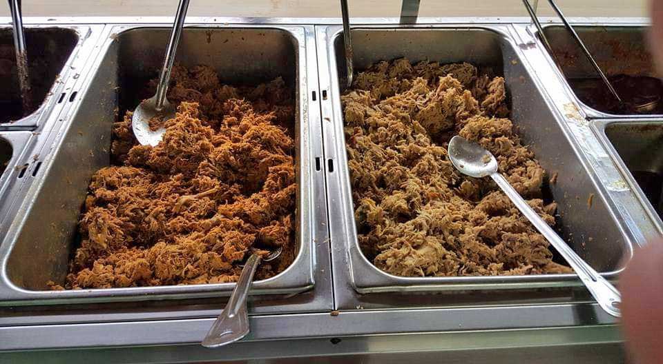 Two pans of pulled pork on buffet at Moree's