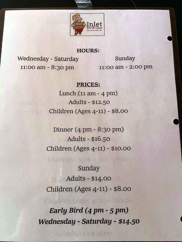 Opening hours and prices for Inlet Bar B Que in Murrells Inlet