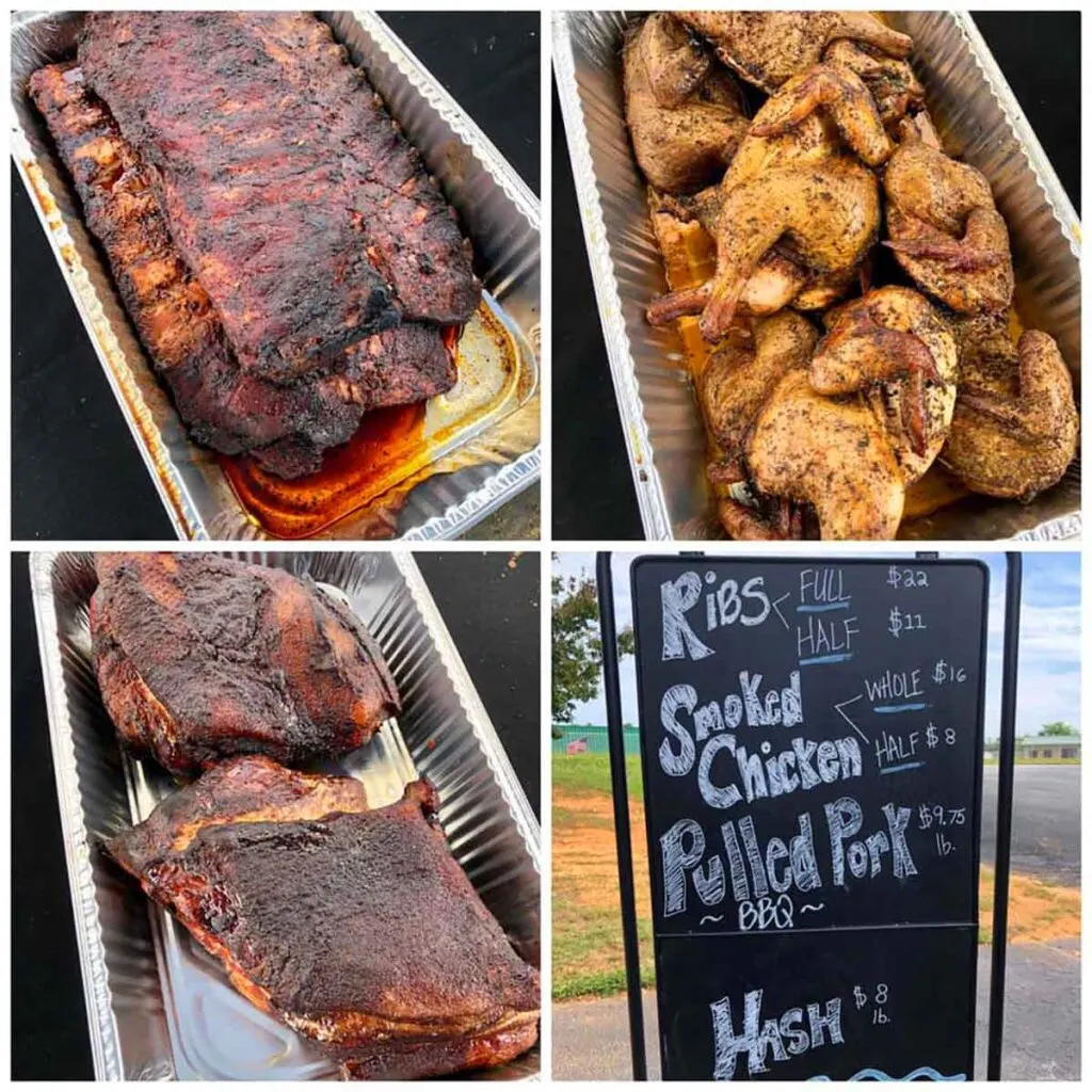 Pans of ribs, pork shoulders, and chickens with a menu, each in its own quadrant in a grid