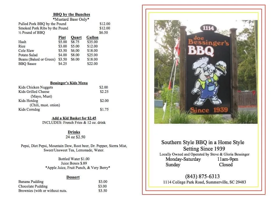 Menu 1 for Joe Bessinger's BBQ in Summerville