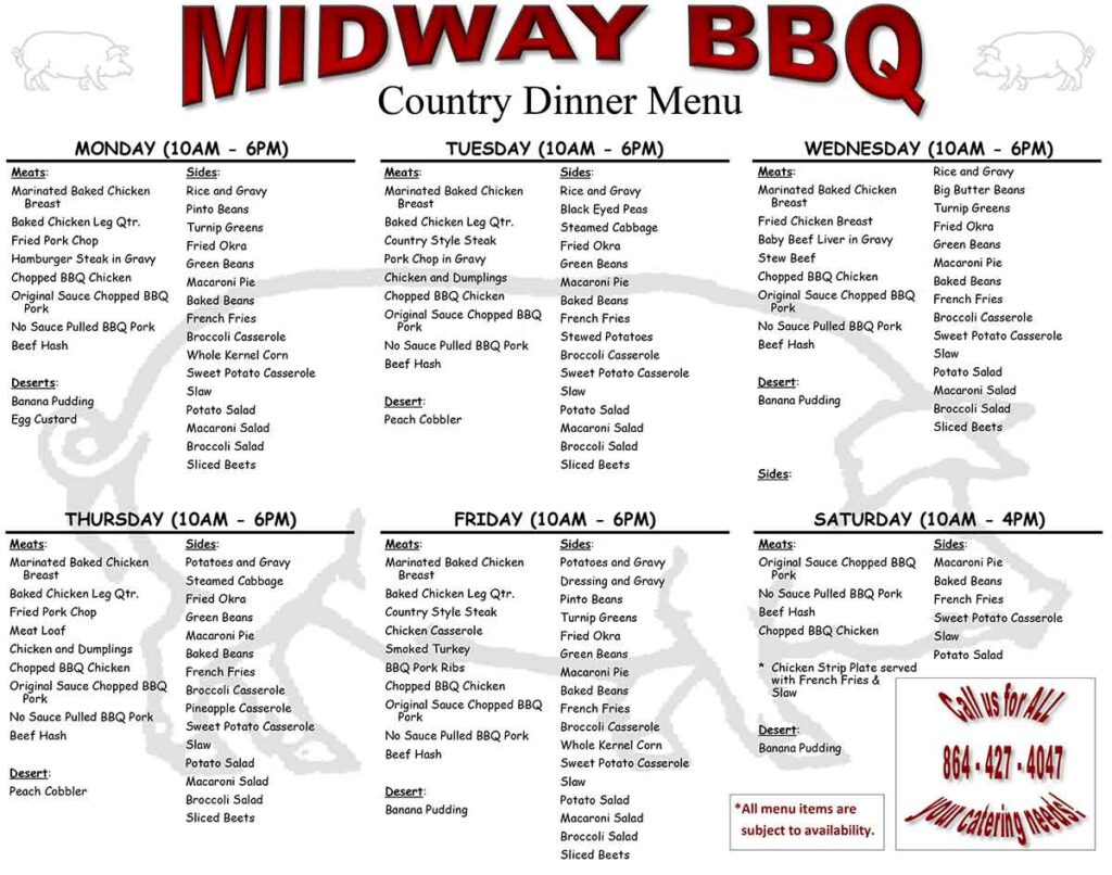 Menu for Midway BBQ near Union, SC