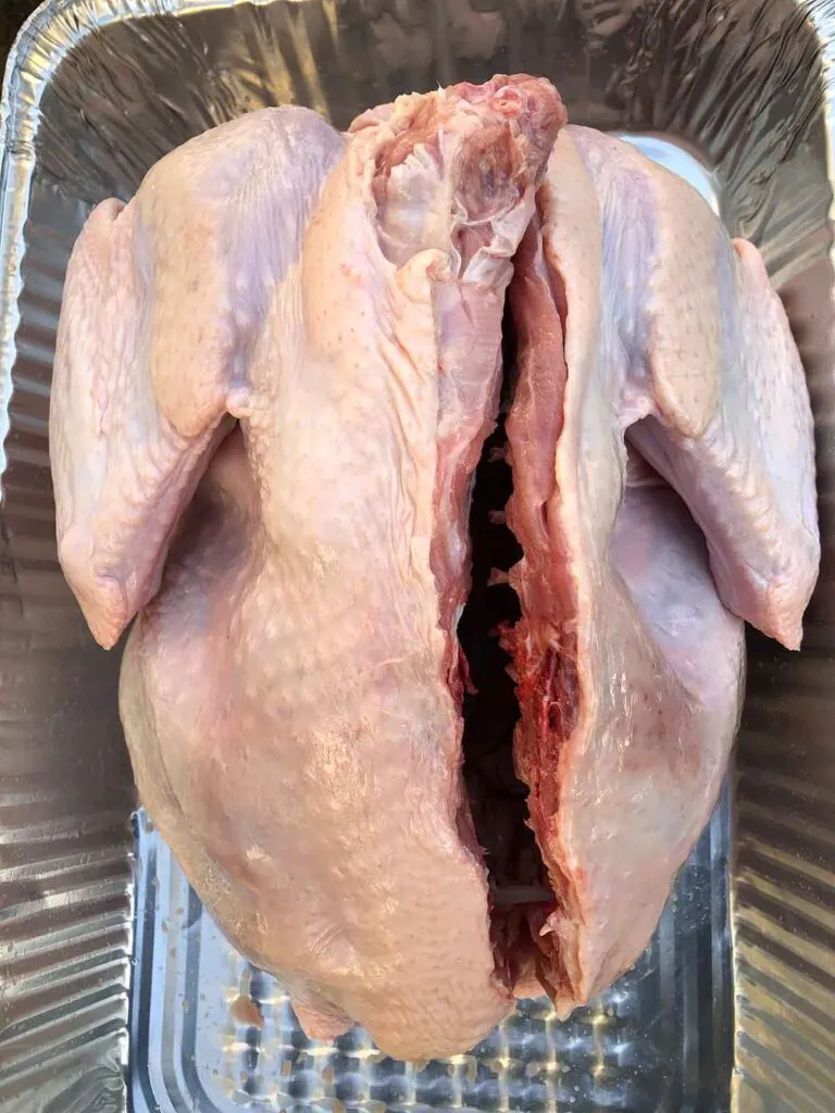 Spatchcocked turkey opened on one side of the backbone in aluminum pan