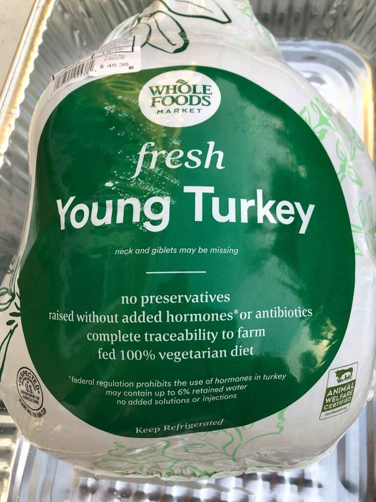 Turkey from Whole Foods, still wrapped in packaging in aluminum pan.