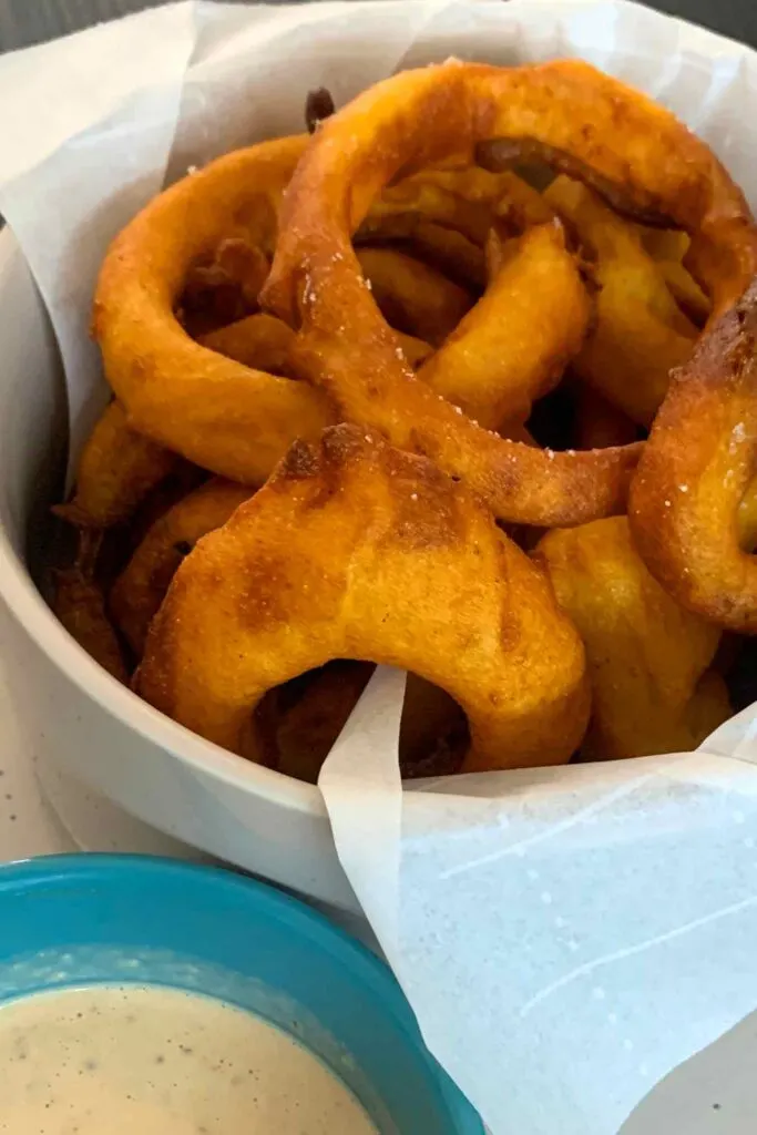 Bucket of Bessinger's Onion Rings from copycat recipe
