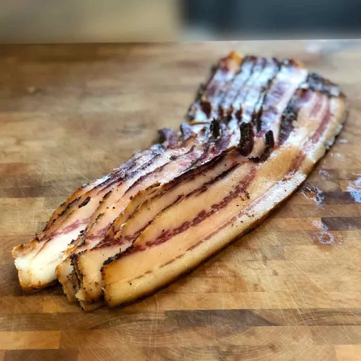 Slices of Wild Boar Bacon from Chef Anthony Gray's recipe.