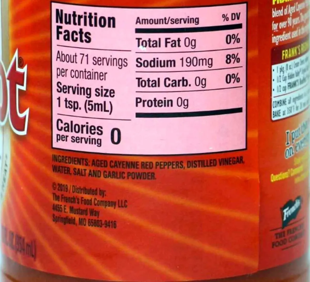 Label ingredients for Frank's Red Hot sauce