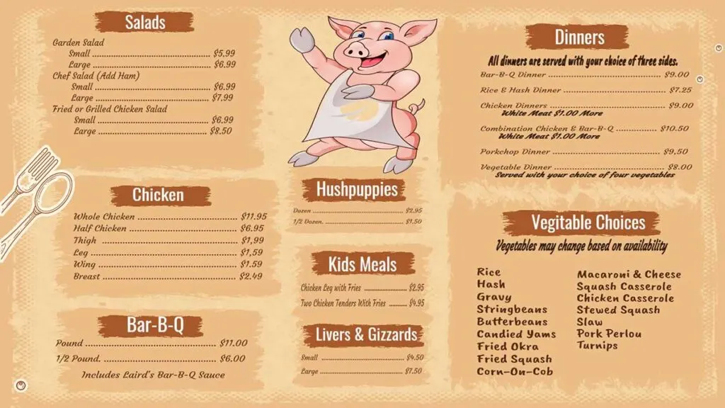Menu for Laird's Bar BQ Pit in North, SC