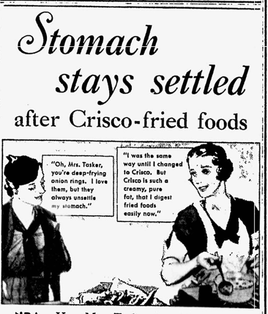 Crisco ad from 1930s featuring cartoon of women cooking and discussing onion rings and deep frying