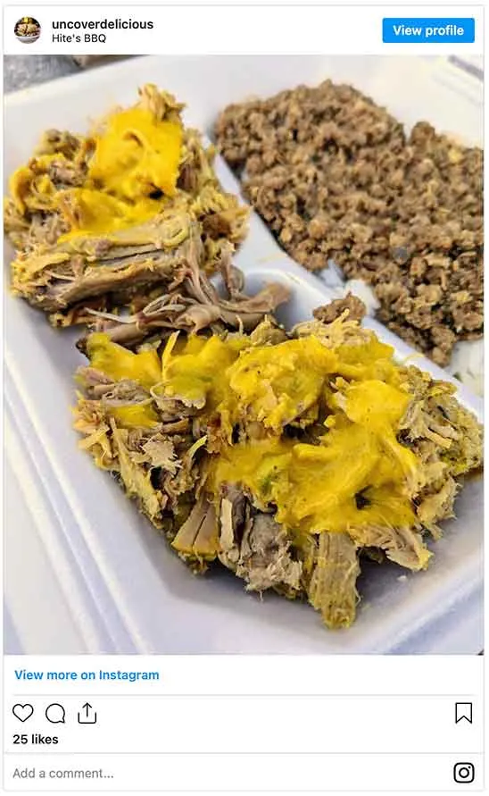 Mustard sauce on pulled pork in styrofoam tray from Hite's in West Columbia.