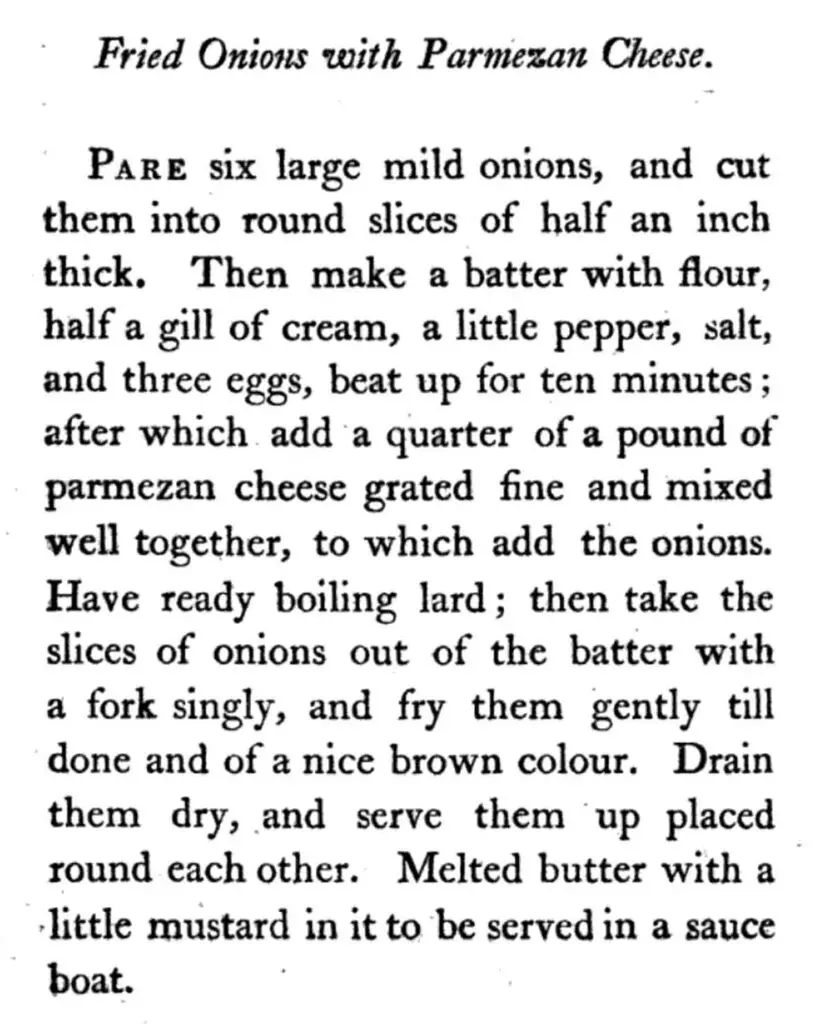 Image of recipe for onion rings from John Molland's 1802 cookbook.