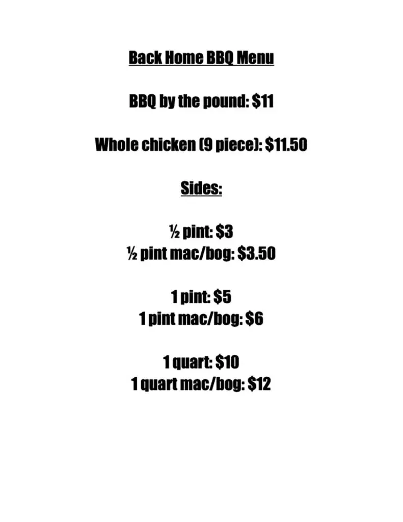 Side 1 of the a la carte menu and small entree menu for Back Home BBQ in Murrells Inlet