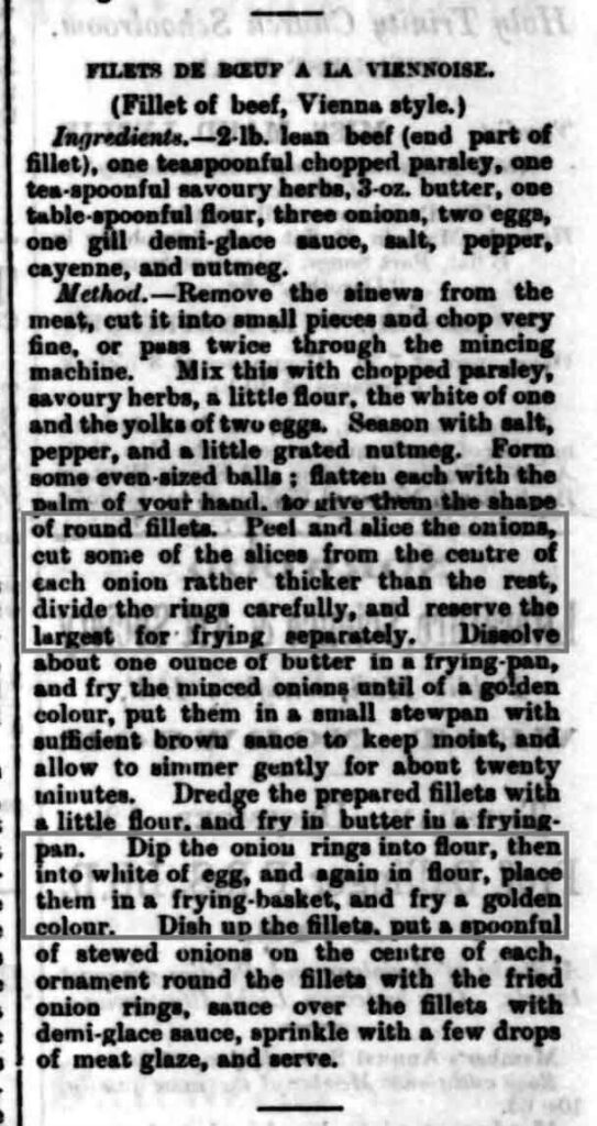 First newspaper recipe for onion rings in The Norwood News Dec. 10, 1892.