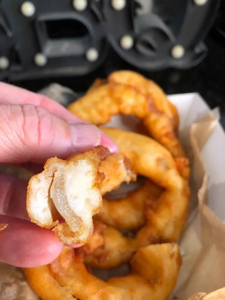 White interior breading of onion ring from Melvin's BBQ