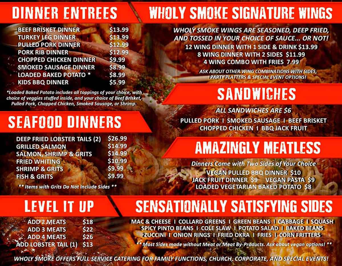 Menu for Wholy Smoke Family Restaurant in Mauldin