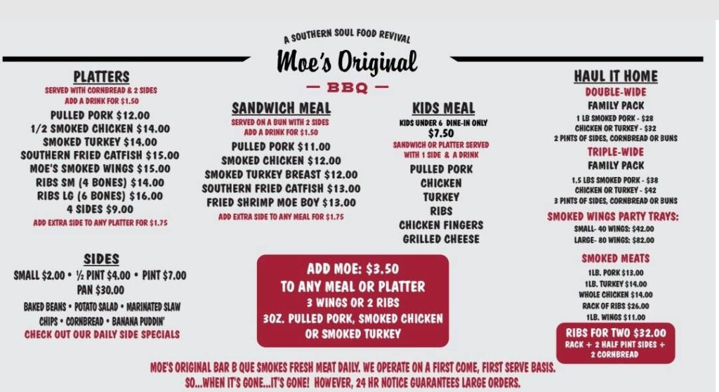 Menu for Moe's BBQ on Pawleys Island