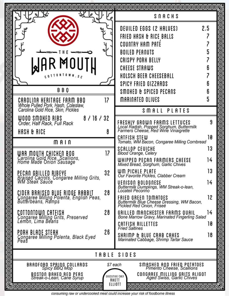 Menu for The War Mouth in Columbia