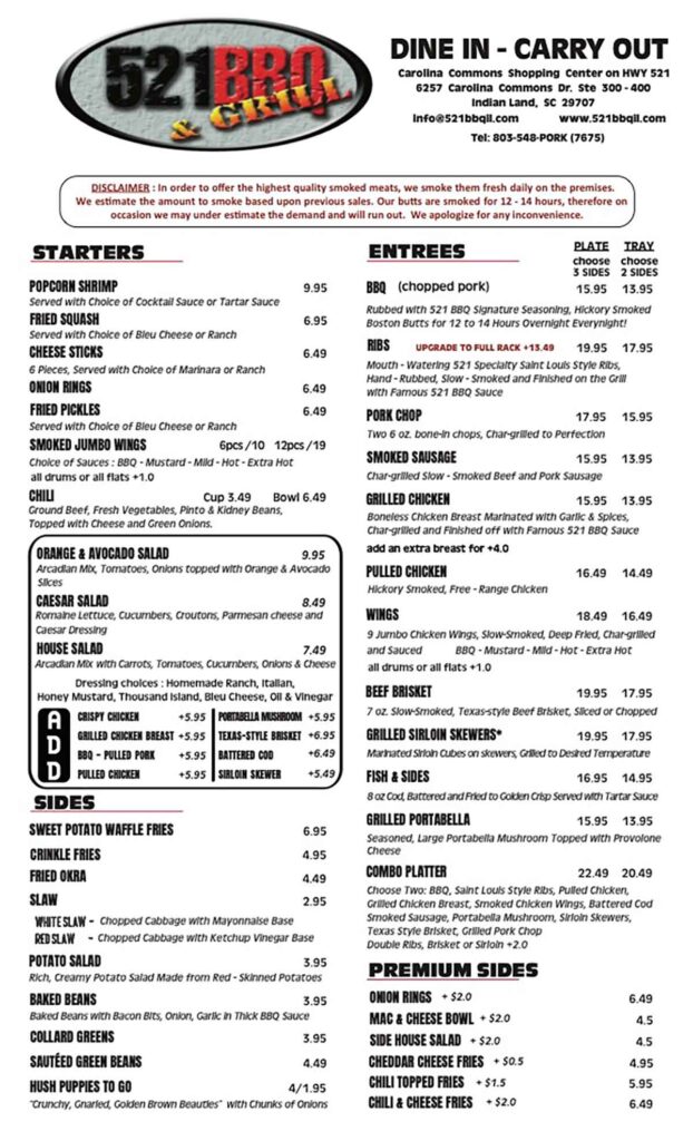 Front of Menu for 521 BBQ in Indian Land