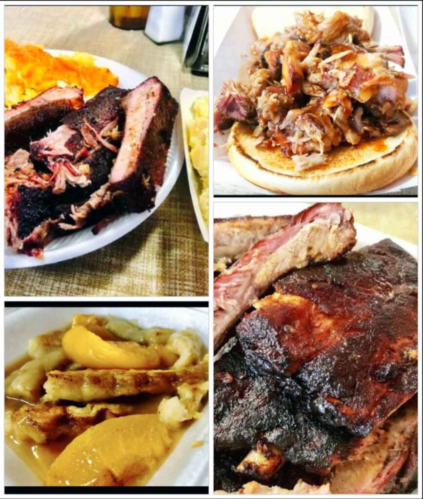 Collage of ribs, bbq sandwich and peach cobbler