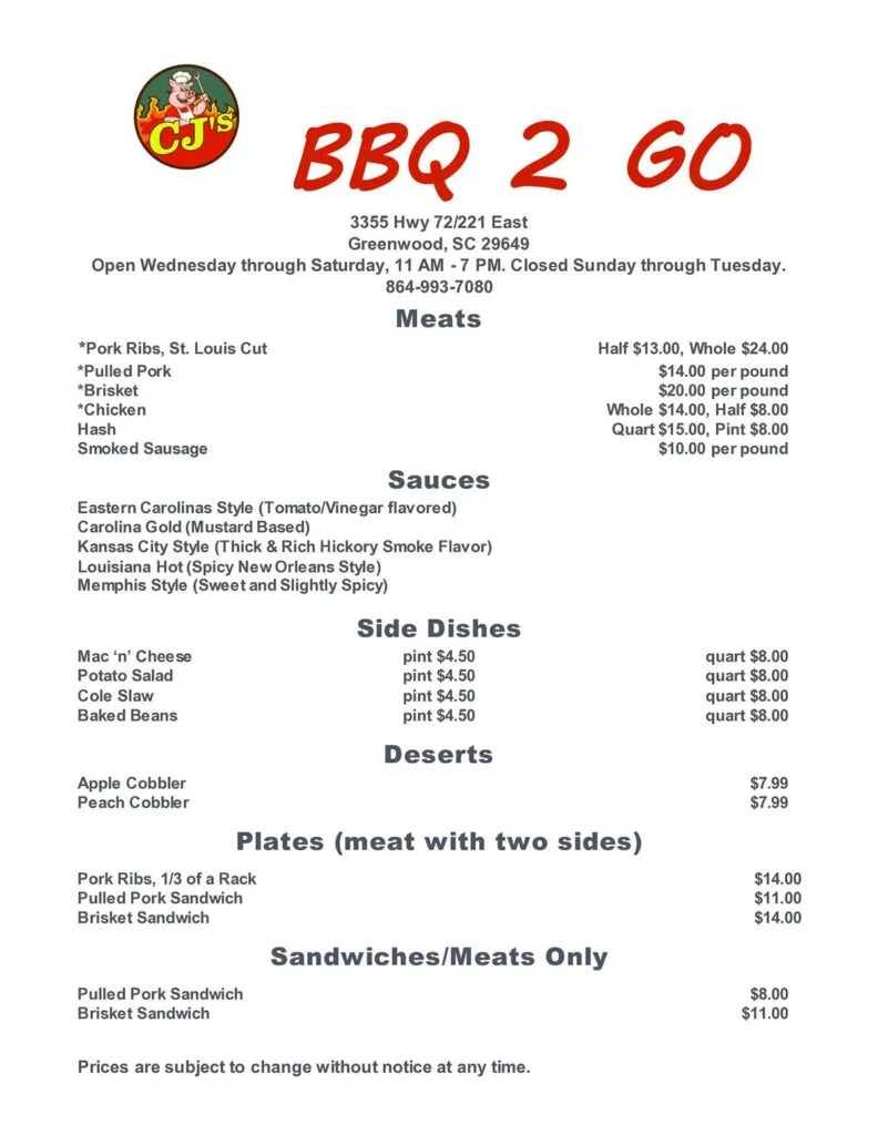 Menu for CJ's BBQ 2 GO in Greenwood