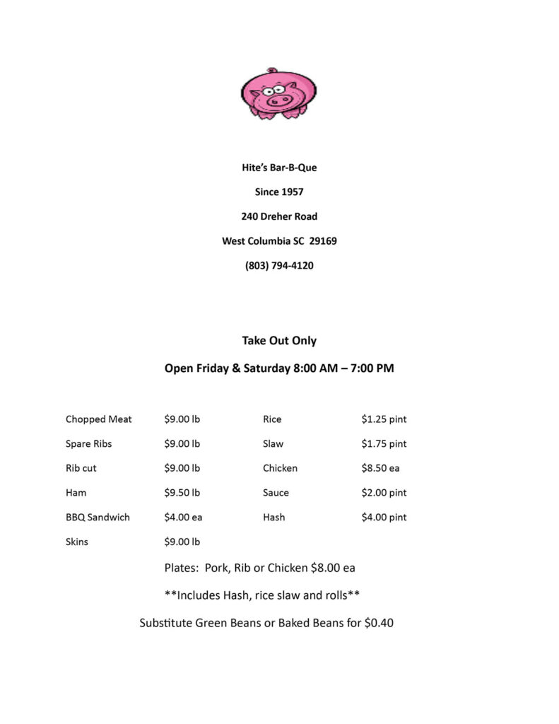 Menu with pink pig at top, location details, hours, and food prices