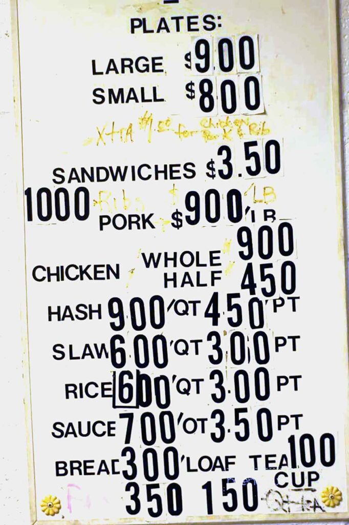 Menu board on wall at Wise's BBQ in Newberry