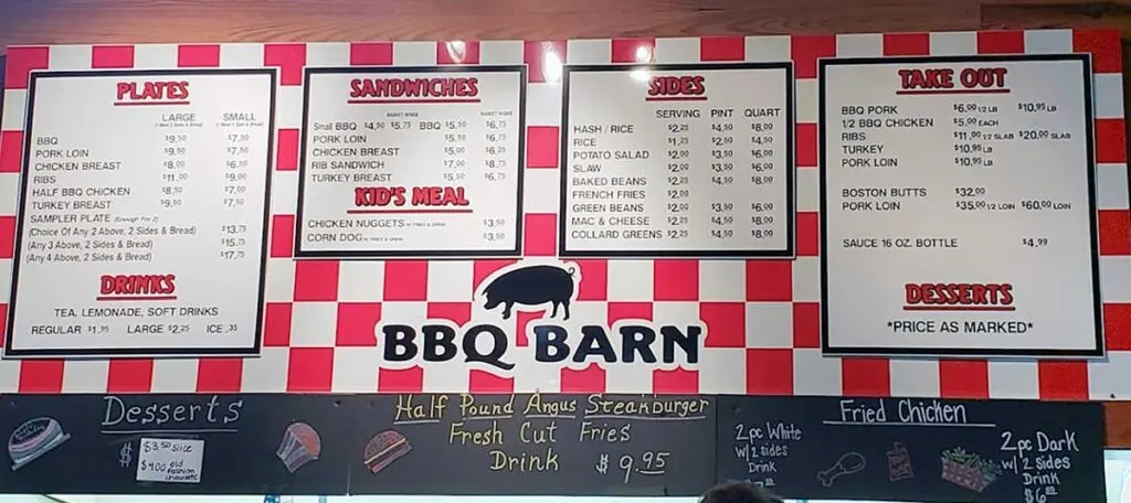 Red and shite checkered menu hanging on wall at BBQ Barn in North Augusta
