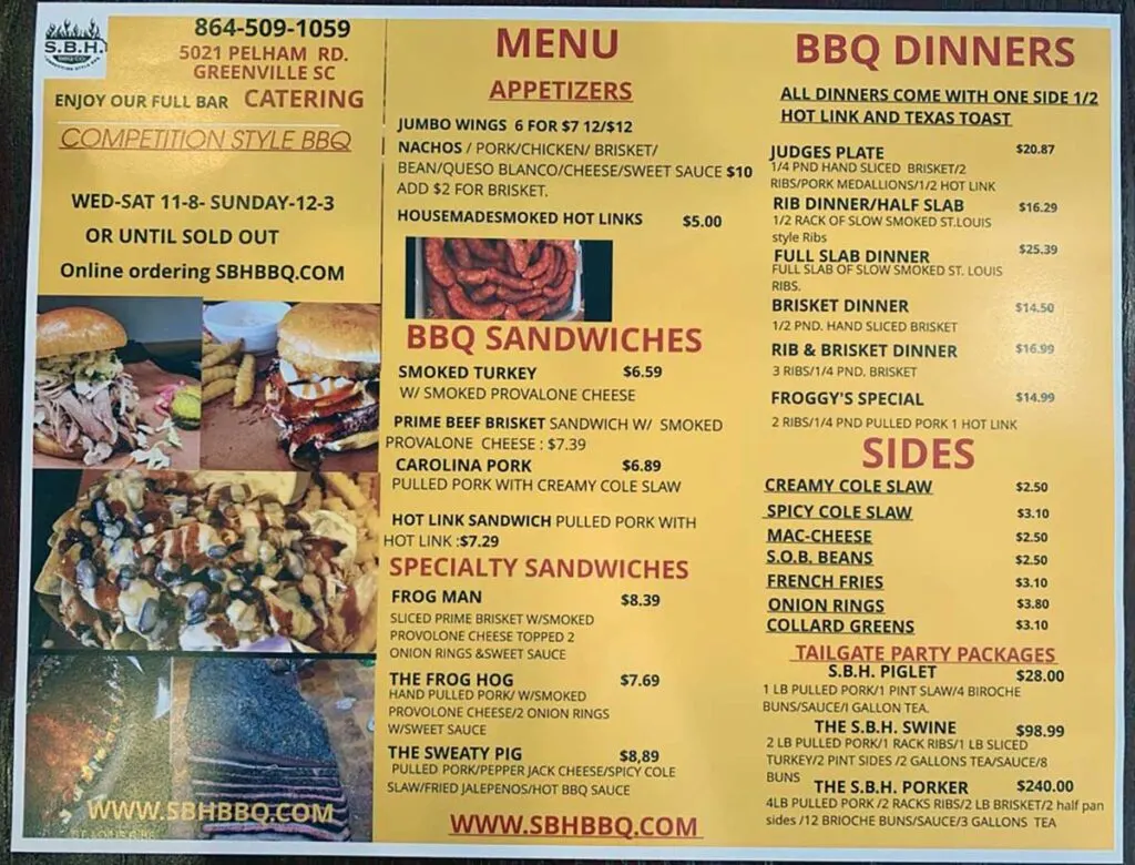 Menu for SBH BBQ Co