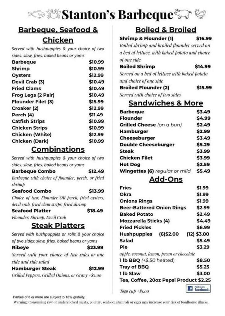 Menu for Stanton's Barbeque